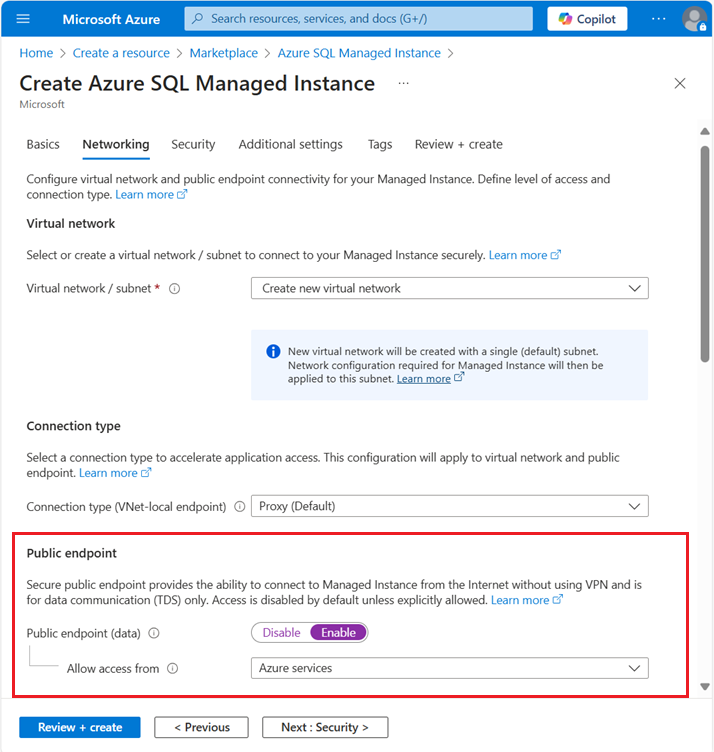 Screenshot showing the public endpoint option during set up. Enable public endpoint