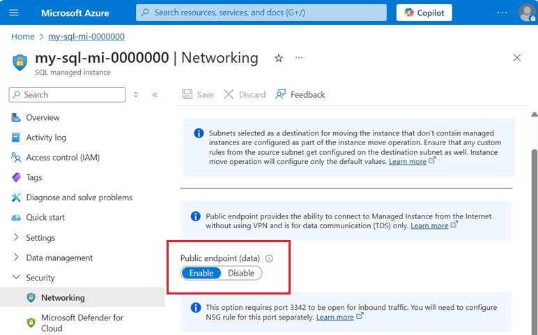 Screenshot showing the public endpoint configuration setting in the Azure portal. Enable public endpoint using managed instance VNET