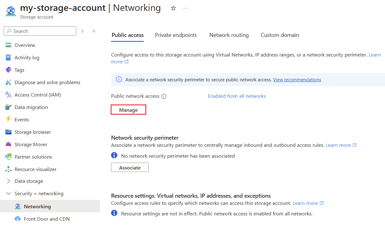 Screenshot of the button to manage public network access in the Azure portal.