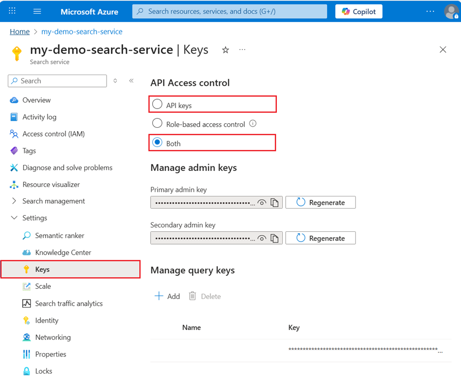 Screenshot of the Keys page in the Azure portal.