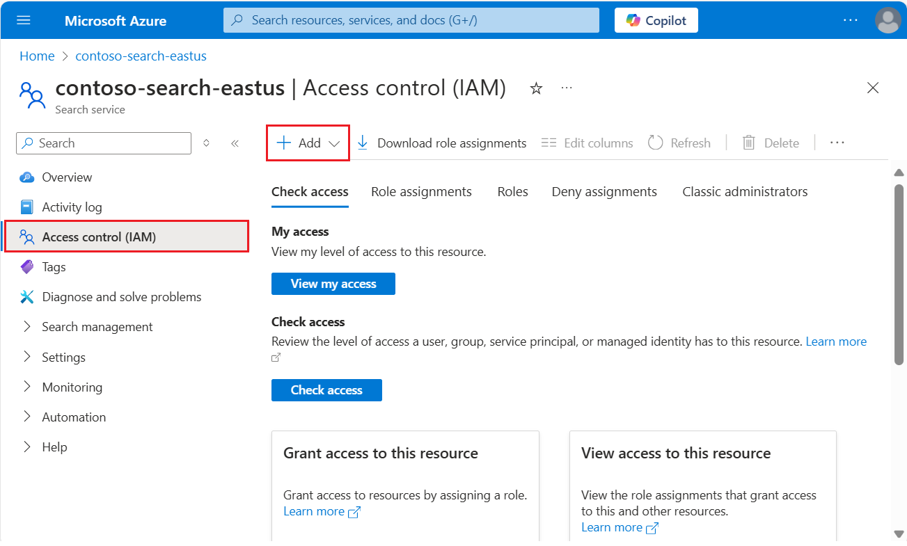 Screenshot of the Access control (IAM) page for assigning service administration roles.