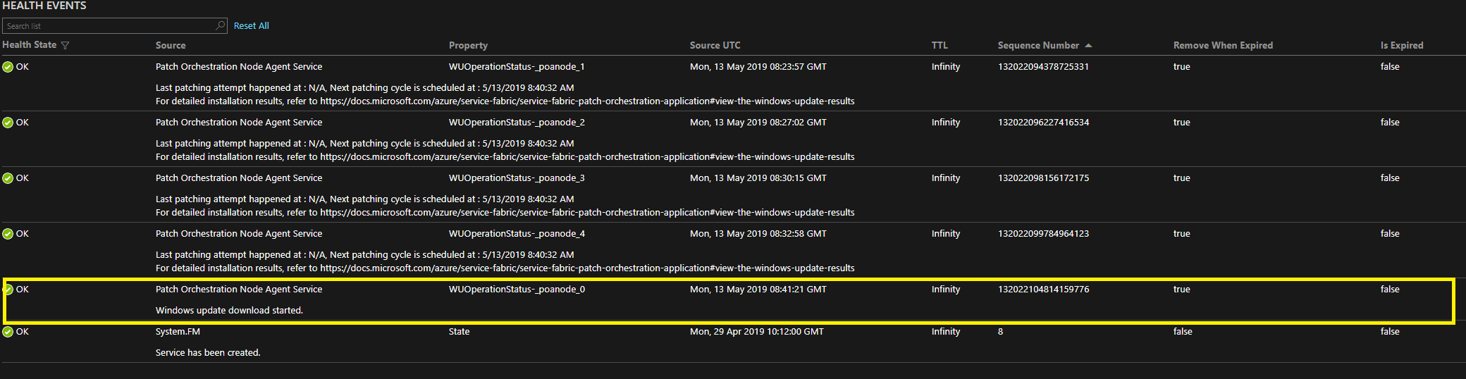Screenshot shows console window of Windows Update operation status with poanode_0 highlighted.