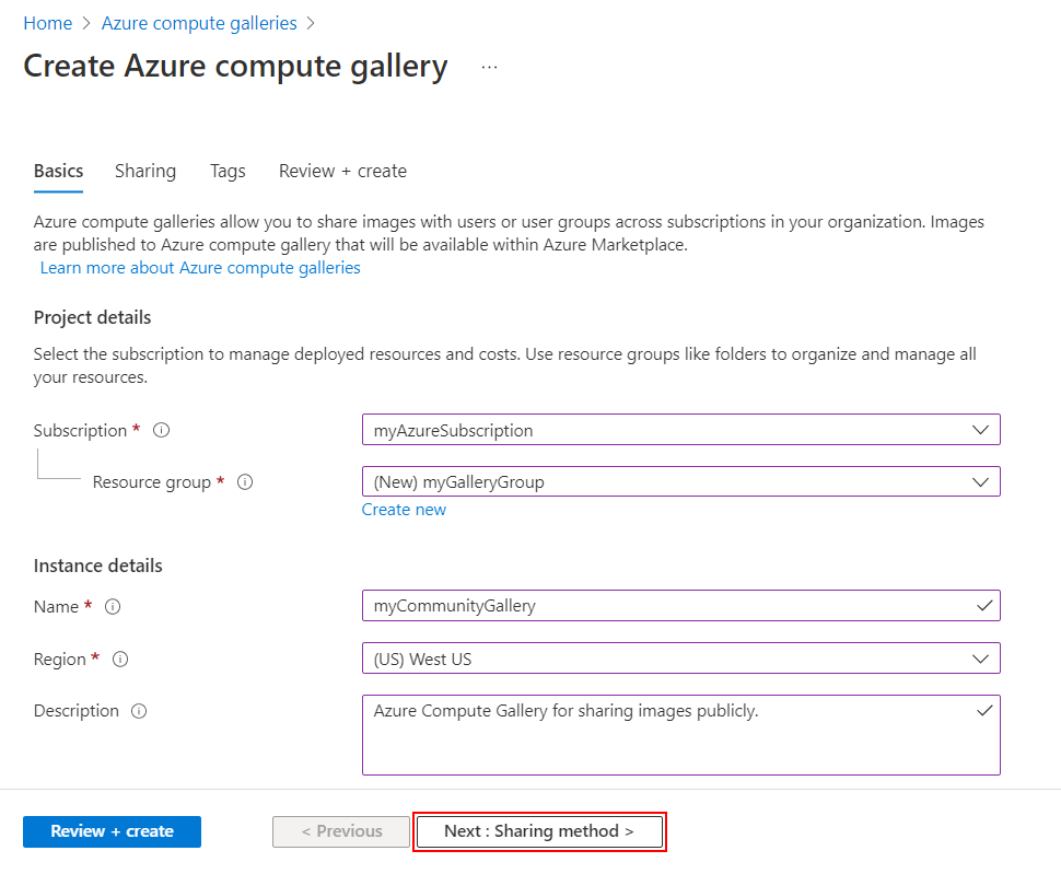Screenshot that shows the tab for entering basic information to create a gallery.