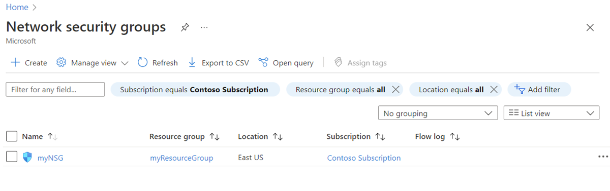 Screenshot of the Network security groups list in the Azure portal.
