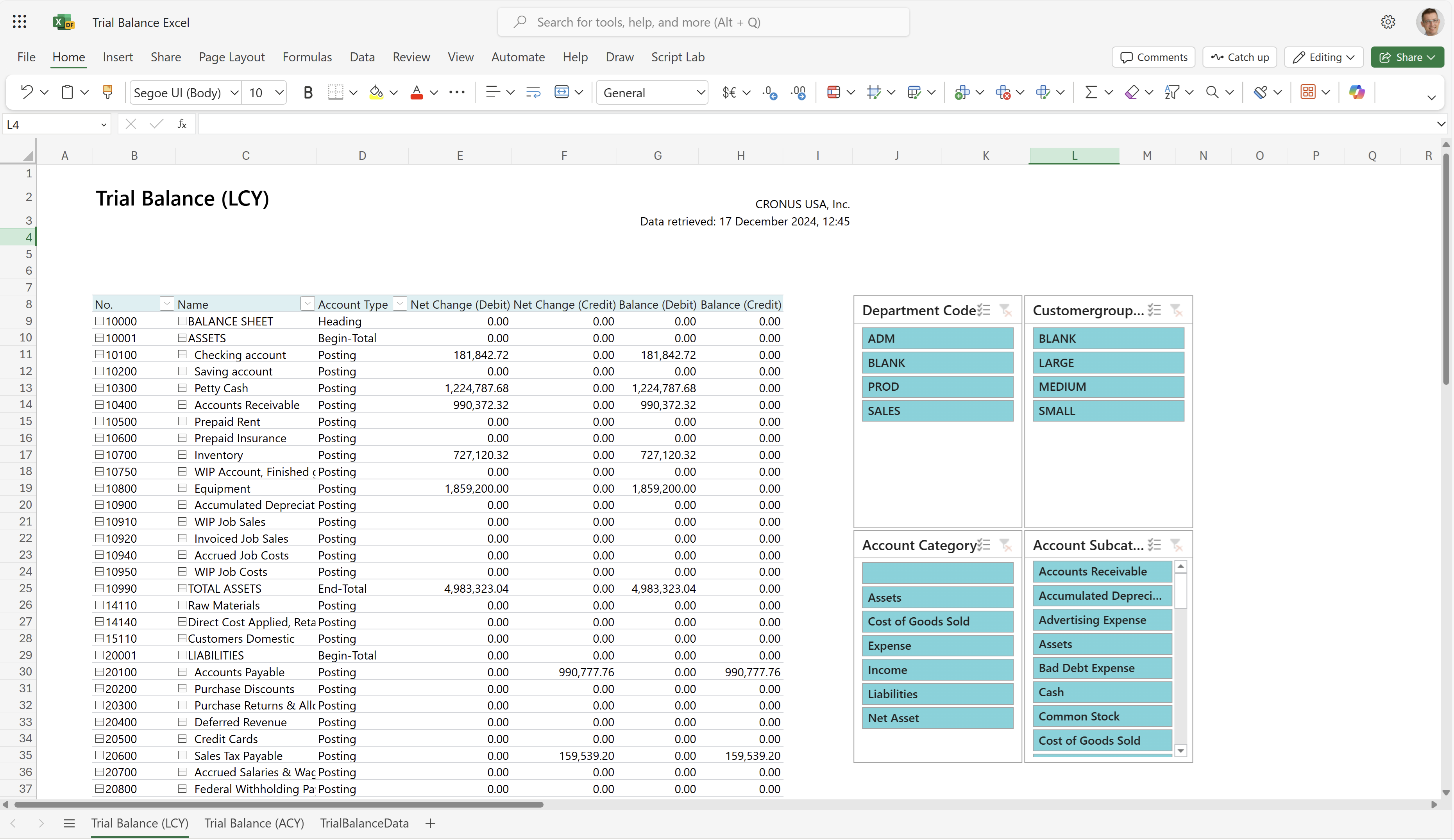 Screenshot of the Trial Balance ($) worksheet