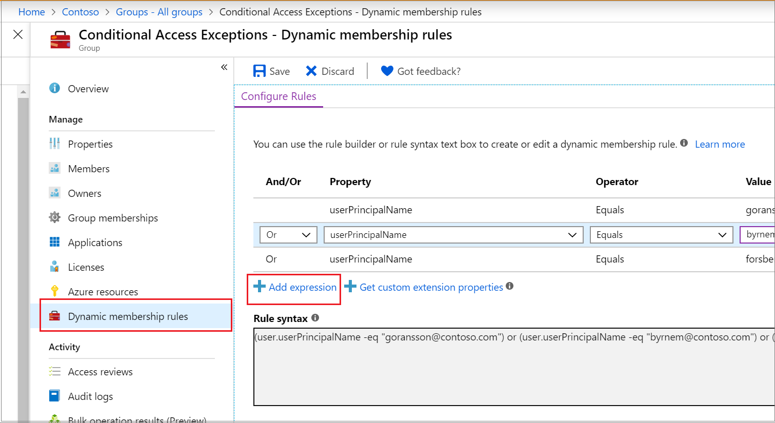 Screenshot that shows the rule builder, with the action for adding an expression highlighted.