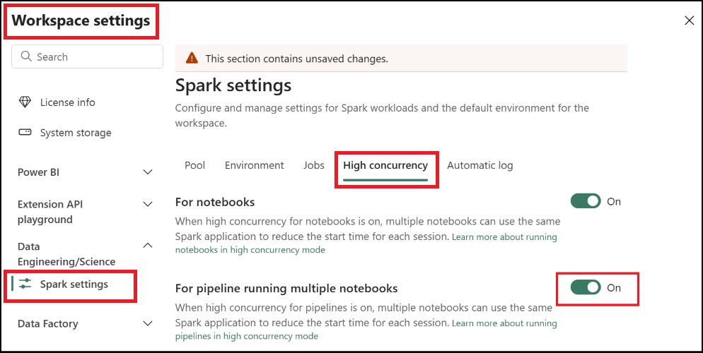 Screenshot showing the Workspace settings tab highlighting the tab, where to enable high concurrency mode for pipelines running multiple notebooks.