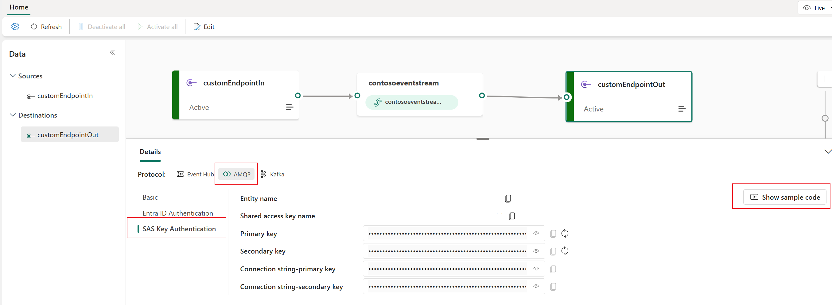 Screenshot that shows AMQP sample code on the Details pane of the eventstream live view.