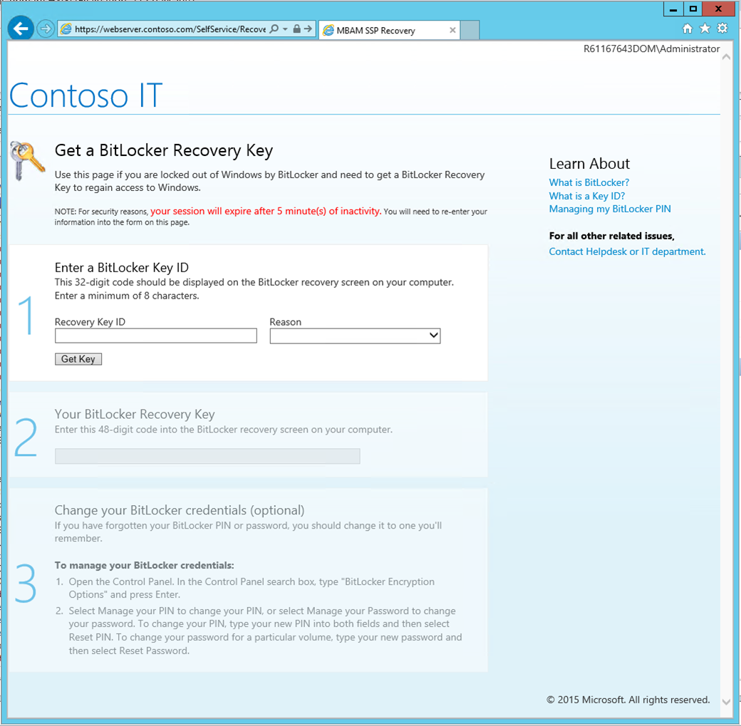 Screenshot of default BitLocker self-service portal