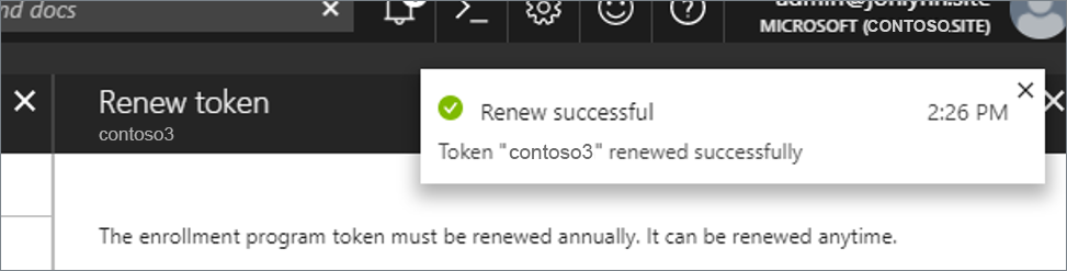 Screenshot showing the token renewal confirmation message.