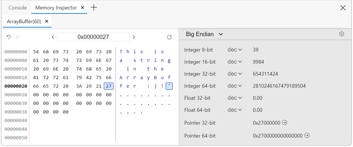 Memory inspector address values updated