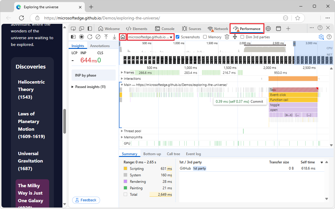 The Performance tool displaying a recorded profile