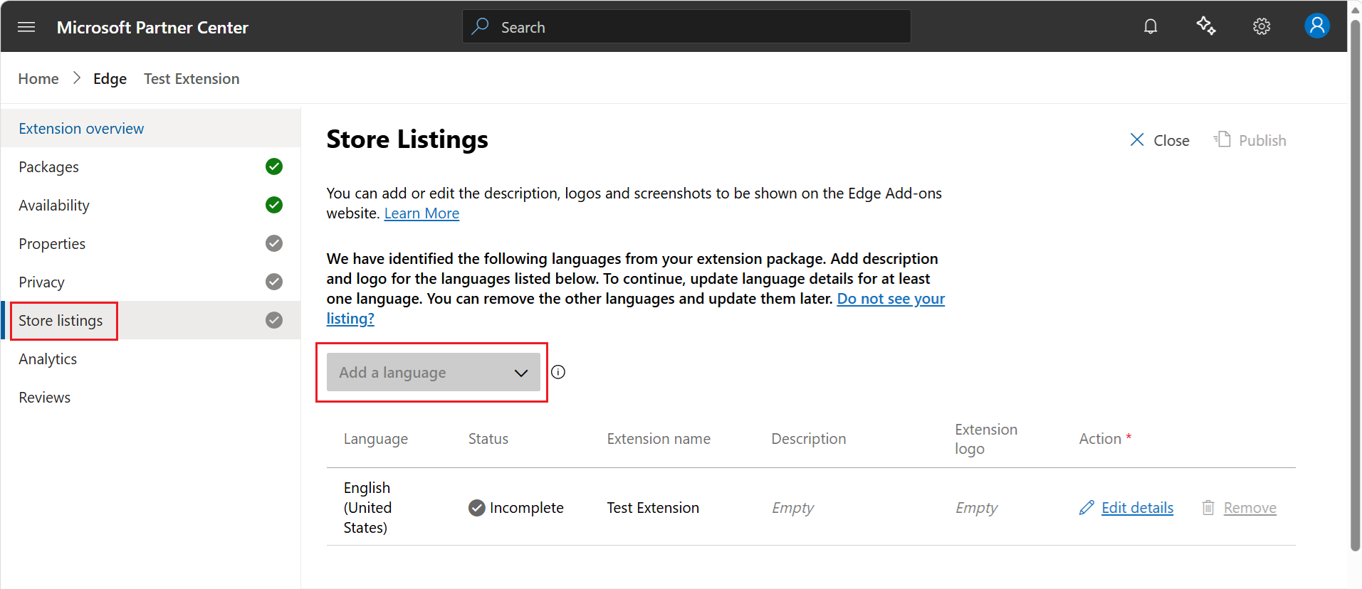 Add a language, in the Store Listings page