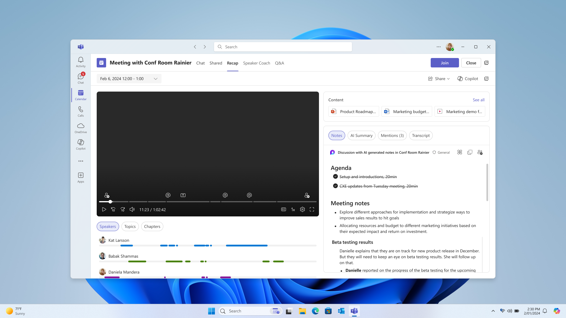 Screenshot that shows the recap notes page on Teams desktop.