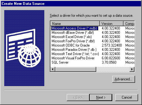 CH23B Create New Data Source dialog box: select driver