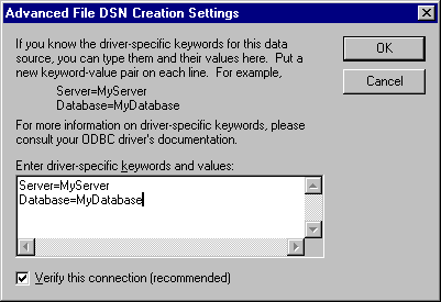 CH23C Advance File DSN Creation Settings dialog box