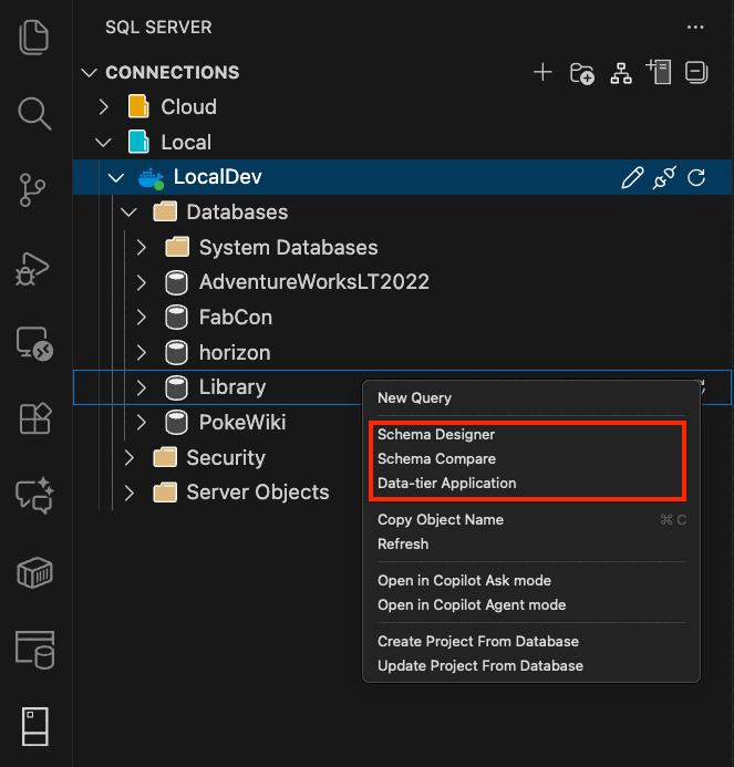 Screenshot of launching the Data-tier Application experience in the MSSQL extension for Visual Studio Code.