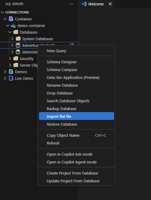 Screenshot of the Import flat file option in the Object Explorer context menu.