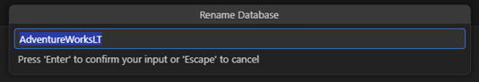 Screenshot of the Rename Database inline input prompt.