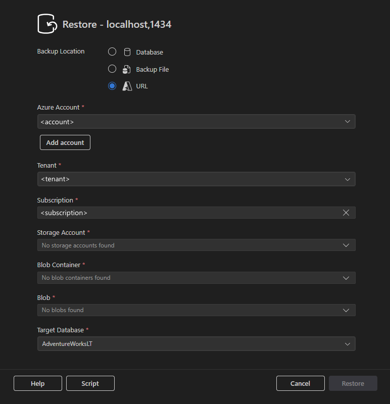 Screenshot of the Restore dialog with URL option selected showing Azure configuration fields.