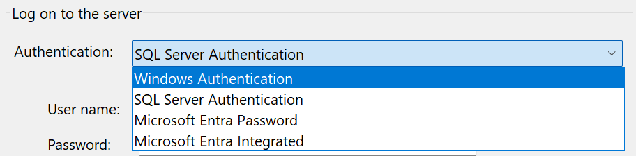 Screenshot showing authentication types for Visual Studio 17.8 and later.