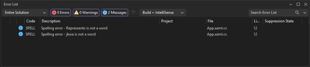 Screenshot of an example of spelling errors in the Error List.