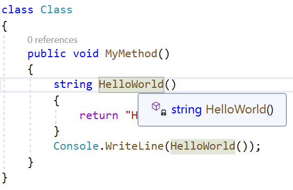 Screenshot of Convert a local function to a method code sample.