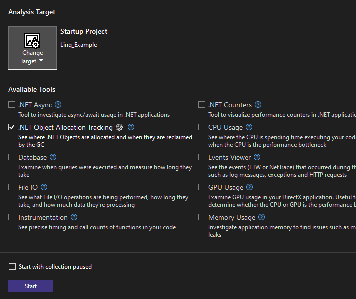 The Dotnet Object Allocation Tracking tool selected Screenshot of the Dotnet Object Allocation Tracking tool selected.