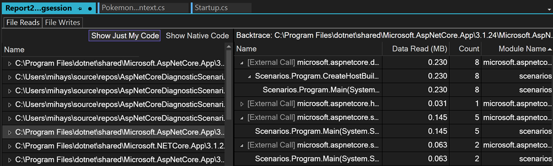 Backtraces view selected Screenshot showing Backtraces view selected.