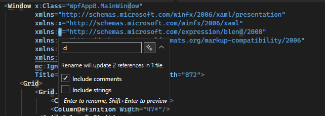 Screenshot of the XAML code editor's Rename Namespace option that appears by using the right-click context menu Screenshot of the XAML code editor's Rename Namespace option from the right-click context menu.