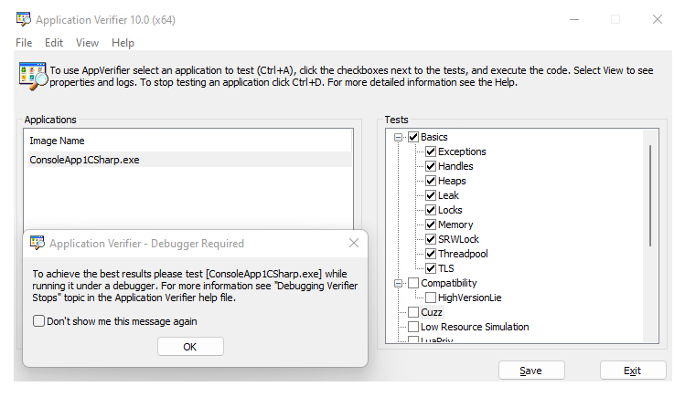 Screenshot of the Application Verifier main menu with a single test app selected and tests listed on the right side.