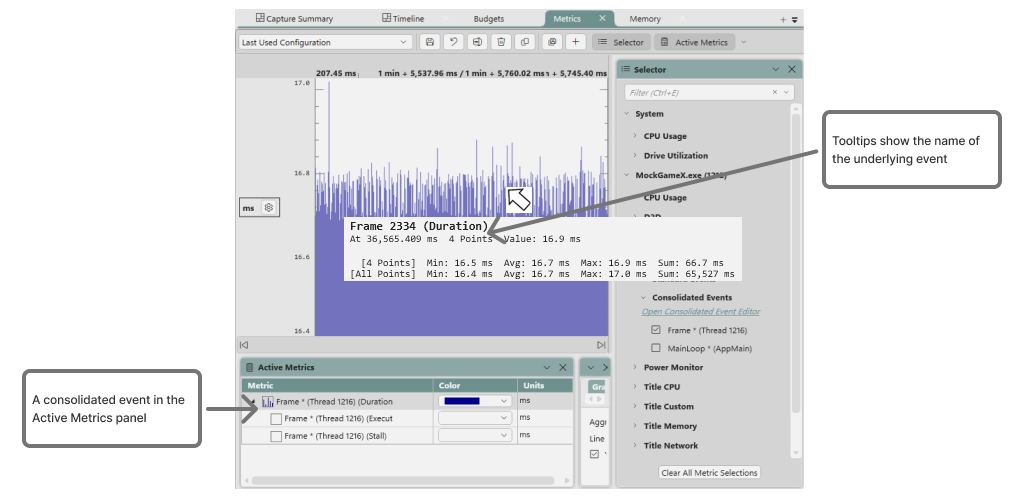 A consolidated event in the Metrics view