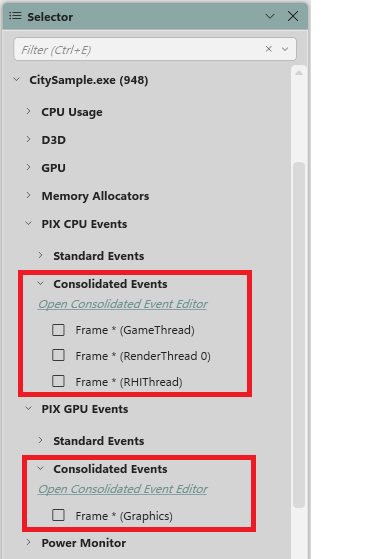 The Consolidated Events node in the Selector panel