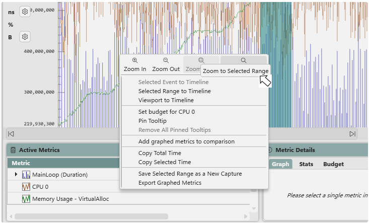Zoom the Metrics View to a selected range or zoom the Timeline