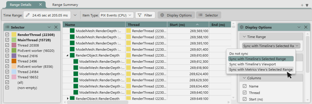 Range Details synchronization options