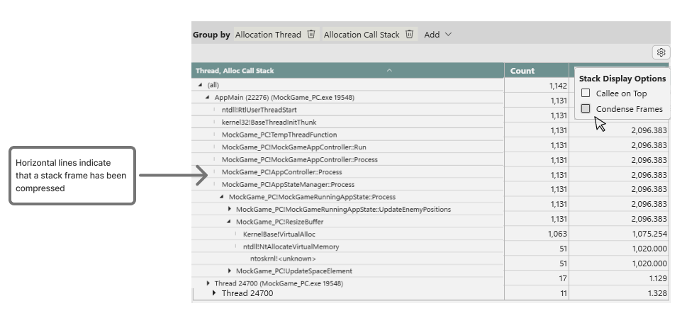 Condensing stack frames in the Memory layout pivot table