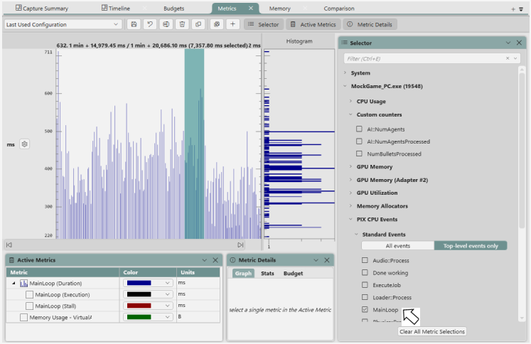 The Metrics view selector panel