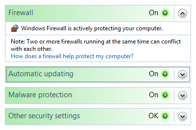 screen shot of the Windows Security app status display