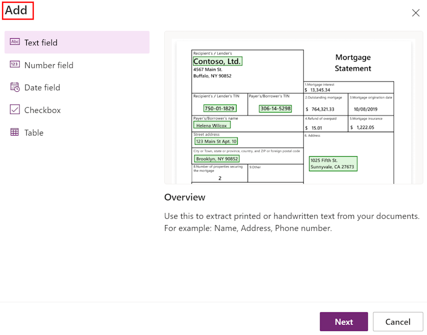 Screenshot of the step in the document processing wizard where you define the fields, tables, and checkboxes you want the AI model to extract.