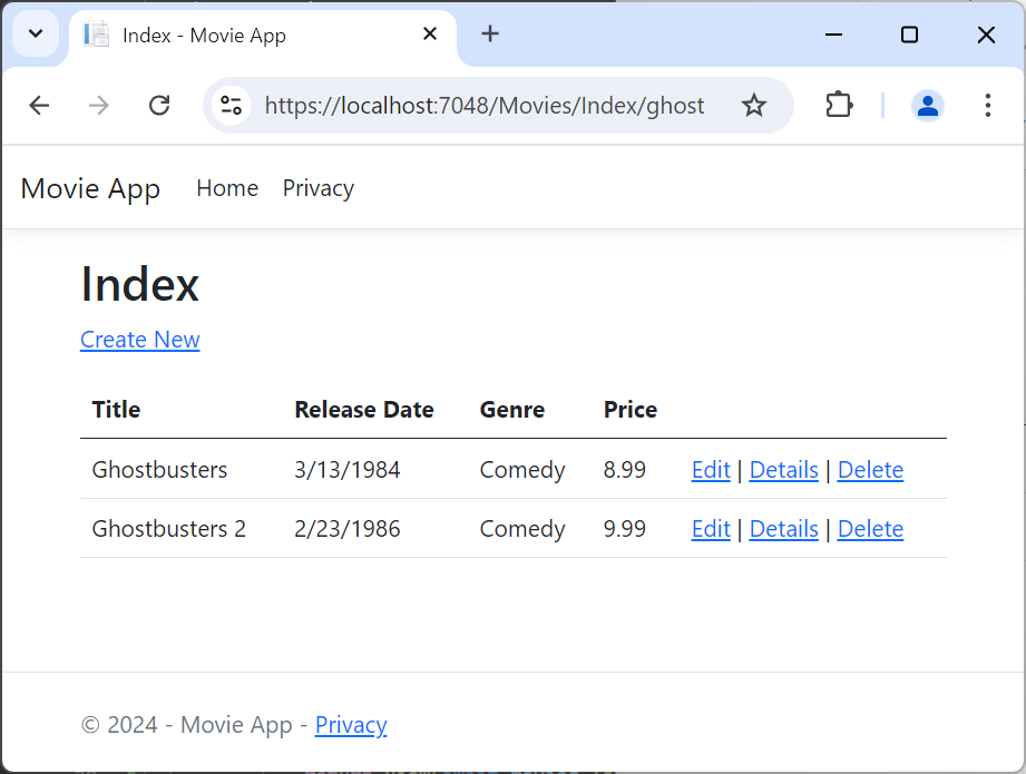Index view with the word ghost added to the Url and a returned movie list of two movies, Ghostbusters and Ghostbusters 2