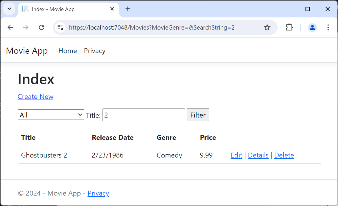 Browser window showing results of https://localhost:5001/Movies?MovieGenre=Comedy&SearchString=2