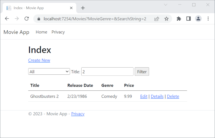 Browser window showing results of https://localhost:5001/Movies?MovieGenre=Comedy&SearchString=2