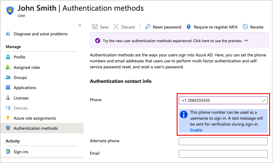 Screenshot of the Authentication methods page for a sample user from the Azure portal. The text box for phone number is highlighted.