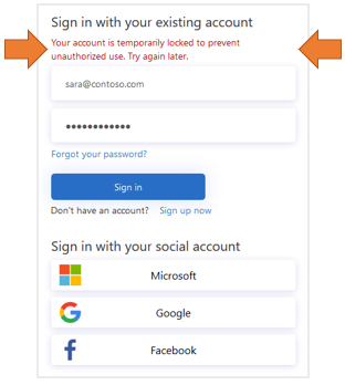 Screenshot of UI for account lockout with arrows highlighting the lockout notification.