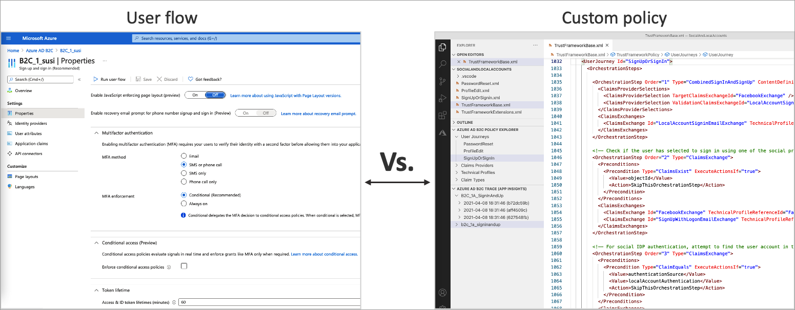Screenshot showing the user flow settings UI versus a custom policy configuration file.