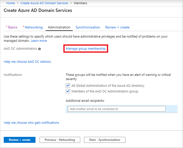 Configure group membership of the AAD DC Administrators group
