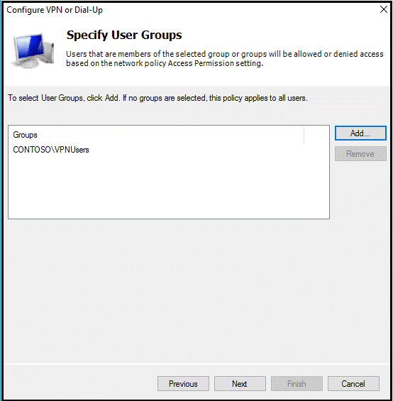 Specify User Groups window to allow or deny access