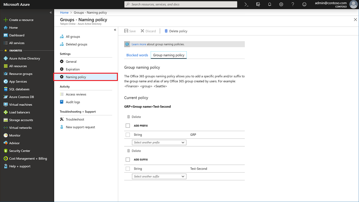 open the Naming policy page in the admin center