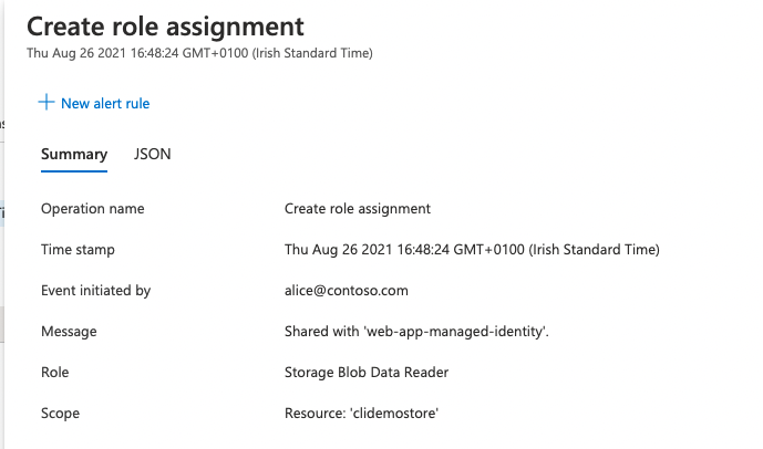 Screenshot showing the summary of role assignment for managed identity