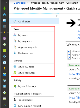 Screenshot showing the navigation window in Privileged Identity Management showing Tasks and Manage options.